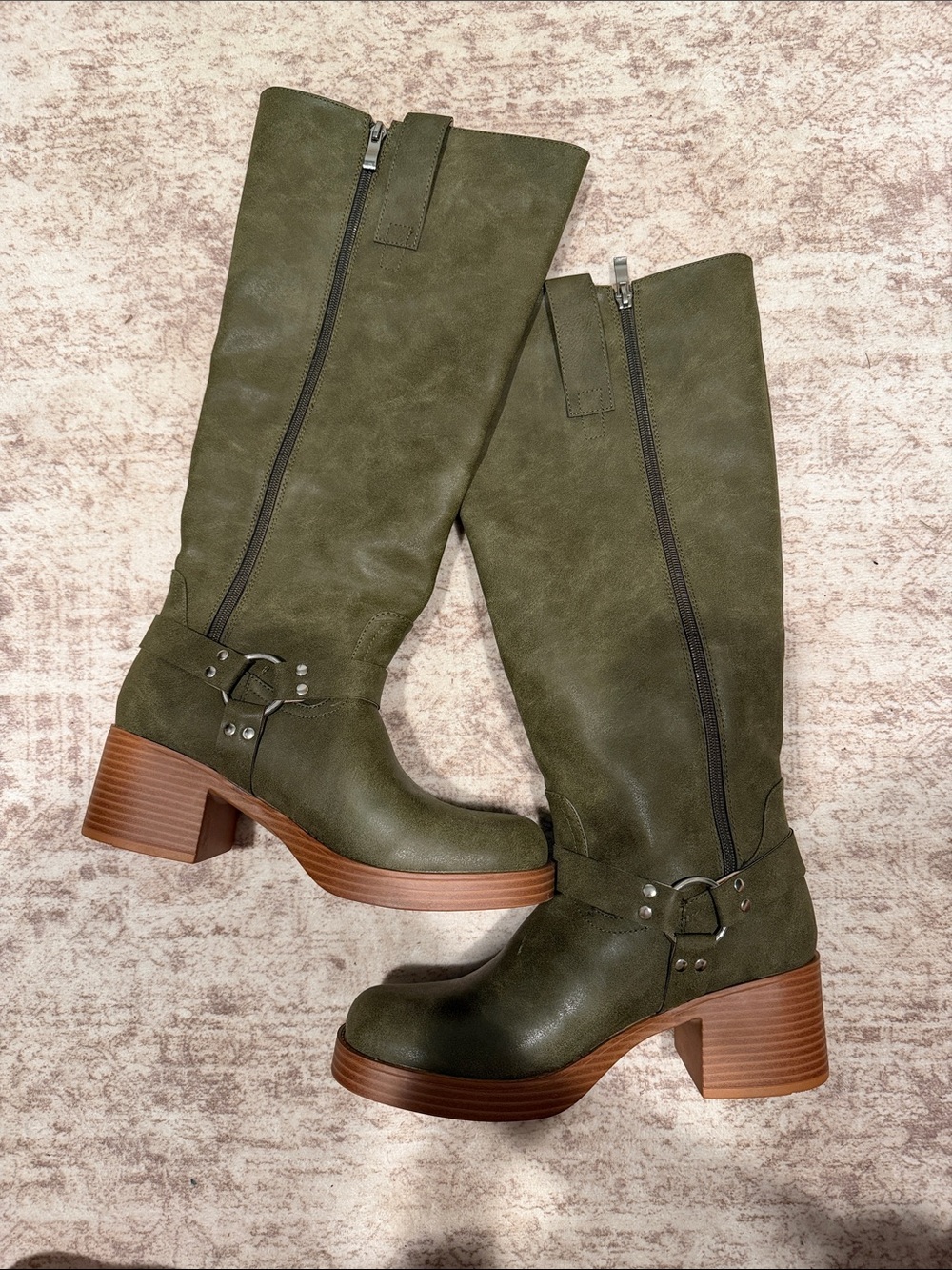 Olive Green Knee-High Block Heel Boots - Women